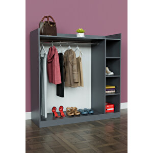 4 Rafli Mini Gardırop Askılıklı Vestiyer Çok Amaçlı Kapaksız Elbise Dolabı Antrasit Antrasit