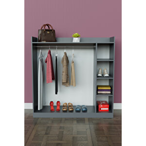 4 Rafli Mini Gardırop Askılıklı Vestiyer Çok Amaçlı Kapaksız Elbise Dolabı Antrasit Antrasit