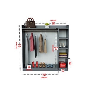 4 Rafli Mini Gardırop Askılıklı Vestiyer Çok Amaçlı Kapaksız Elbise Dolabı Antrasit