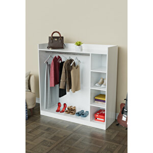 4 Rafli Mini Gardırop Askılıklı Vestiyer Çok Amaçlı Kapaksız Elbise Dolabı Beyaz Beyaz