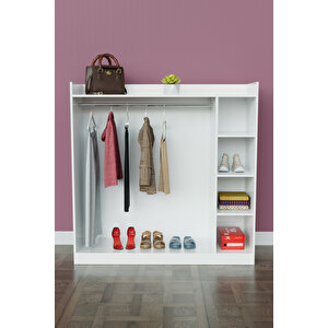 4 Rafli Mini Gardırop Askılıklı Vestiyer Çok Amaçlı Kapaksız Elbise Dolabı Beyaz Beyaz