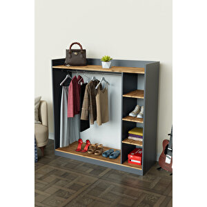 4 Rafli Mini Gardırop Askılıklı Vestiyer Çok Amaçlı Kapaksız Elbise Dolabı Antrasit-ahşap Antrasit