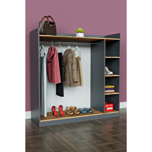 4 Rafli Mini Gardırop Askılıklı Vestiyer Çok Amaçlı Kapaksız Elbise Dolabı Antrasit-ahşap Antrasit