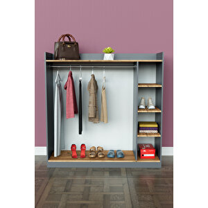 4 Rafli Mini Gardırop Askılıklı Vestiyer Çok Amaçlı Kapaksız Elbise Dolabı Antrasit-ahşap Antrasit