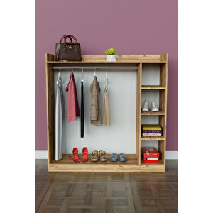 4 Rafli Mini Gardırop Askılıklı Vestiyer Çok Amaçlı Kapaksız Elbise Dolabı Ahşap Ahşap