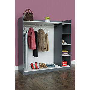 4 Rafli Mini Gardırop Askılıklı Vestiyer Çok Amaçlı Kapaksız Elbise Dolabı Antrasit-beyaz Antrasit