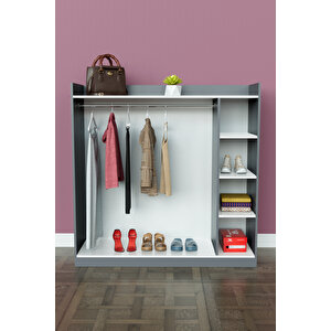 4 Rafli Mini Gardırop Askılıklı Vestiyer Çok Amaçlı Kapaksız Elbise Dolabı Antrasit-beyaz Antrasit