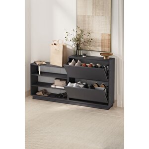 Düşer Kapak Ayakkabılık 2 Kapaklı 5 Bölmeli Kayar Raflı Ayakkabılık Serap Antrasit