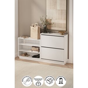 Düşer Kapak Ayakkabılık 2 Kapaklı 5 Bölmeli Kayar Raflı Ayakkabılık Serap Beyaz