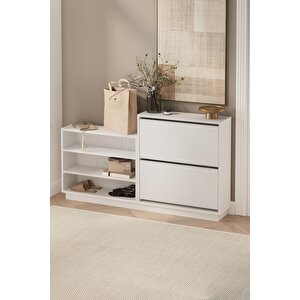 Düşer Kapak Ayakkabılık 2 Kapaklı 5 Bölmeli Kayar Raflı Ayakkabılık Serap Beyaz