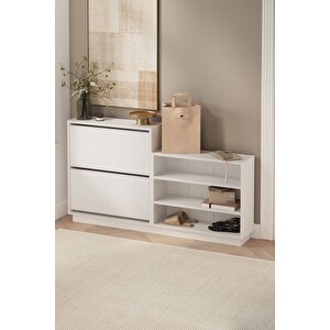 Düşer Kapak Ayakkabılık 2 Kapaklı 5 Bölmeli Kayar Raflı Ayakkabılık Serap Beyaz