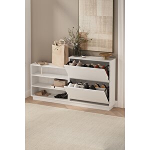 Düşer Kapak Ayakkabılık 2 Kapaklı 5 Bölmeli Kayar Raflı Ayakkabılık Serap Beyaz