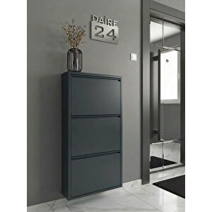 Ferrum Metal Düşer Kapak Raflı Ayakkabılık 3 Bölmeli Antrasit Ayakkabı Dolabı