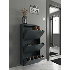 Ferrum Metal Düşer Kapak Raflı Ayakkabılık 3 Bölmeli Antrasit Ayakkabı Dolabı