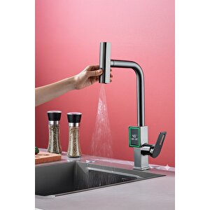 Dijital Dereceli Mat Krom Mutfak Bataryası Musluk Uzayabilen Başlıklı Modern Eviye Bataryası