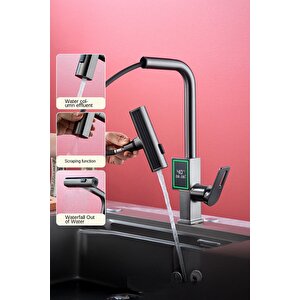 Dijital Dereceli Mat Krom Mutfak Bataryası Musluk Uzayabilen Başlıklı Modern Eviye Bataryası