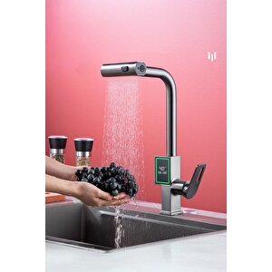 Dijital Dereceli Mat Krom Mutfak Bataryası Musluk Uzayabilen Başlıklı Modern Eviye Bataryası