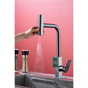 Dijital Dereceli Mat Krom Mutfak Bataryası Musluk Uzayabilen Başlıklı Modern Eviye Bataryası