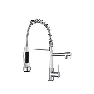 Lüks Krom Endüstriyel Mutfak Bataryası - Spiralli Ve Çift Çıkışlı Eviye Musluk