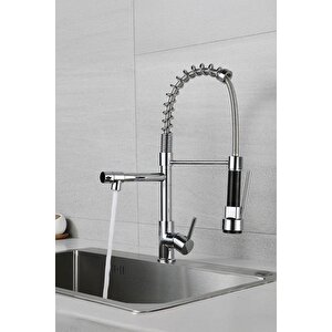 Lüks Krom Endüstriyel Mutfak Bataryası - Spiralli Ve Çift Çıkışlı Eviye Musluk