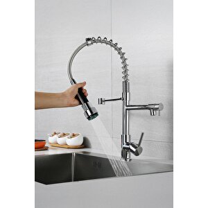 Lüks Krom Endüstriyel Mutfak Bataryası - Spiralli Ve Çift Çıkışlı Eviye Musluk