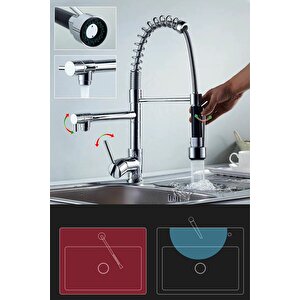 Lüks Krom Endüstriyel Mutfak Bataryası - Spiralli Ve Çift Çıkışlı Eviye Musluk