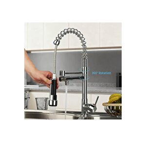 Lüks Krom Endüstriyel Mutfak Bataryası - Spiralli Ve Çift Çıkışlı Eviye Musluk