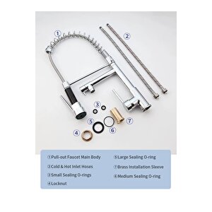 Lüks Krom Endüstriyel Mutfak Bataryası - Spiralli Ve Çift Çıkışlı Eviye Musluk