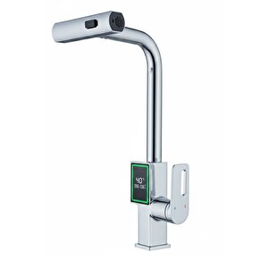 Dijital Dereceli Krom Mutfak Bataryası Musluk Uzayabilen Başlıklı Modern Eviye Bataryası