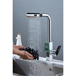 Dijital Dereceli Krom Mutfak Bataryası Musluk Uzayabilen Başlıklı Modern Eviye Bataryası