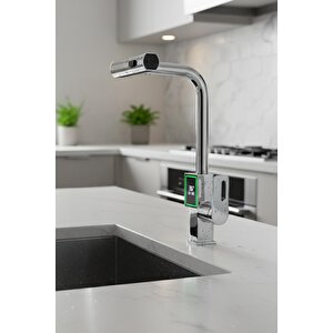 Dijital Dereceli Krom Mutfak Bataryası Musluk Uzayabilen Başlıklı Modern Eviye Bataryası