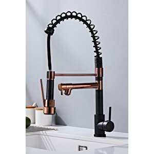 Lüks Rose Gold & Mat Siyah Endüstriyel Mutfak Bataryası - Spiralli Ve Çift Çıkışlı Eviye Musluk