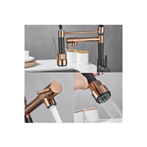 Lüks Rose Gold & Mat Siyah Endüstriyel Mutfak Bataryası - Spiralli Ve Çift Çıkışlı Eviye Musluk