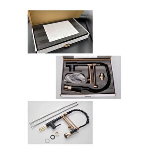 Lüks Rose Gold & Mat Siyah Endüstriyel Mutfak Bataryası - Spiralli Ve Çift Çıkışlı Eviye Musluk