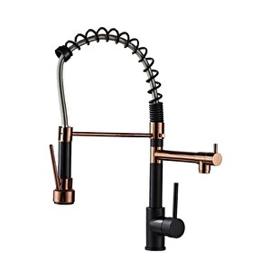 Lüks Rose Gold & Mat Siyah Endüstriyel Mutfak Bataryası - Spiralli Ve Çift Çıkışlı Eviye Musluk