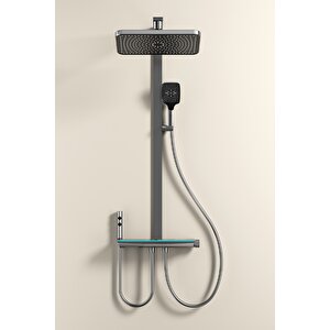 Lüks Dijital Ekranlı Duş Seti - Termostatik Gri Yağmurlama Sistemli Banyo Bataryası