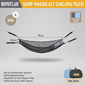 Haegs Masa Altı Saklama Filesi, Kamp Piknik Outdoor Için  Organizer Kese Hurç File - L - 70x30 Cm - Mavi