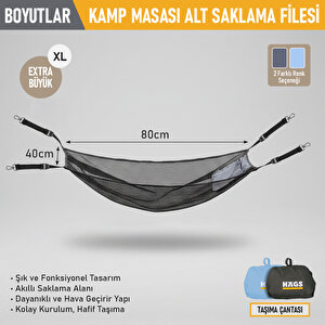 Haegs Masa Altı Saklama Filesi, Kamp Piknik Outdoor Için  Organizer Kese Hurç File - Xl - 80x40 Cm - Gri