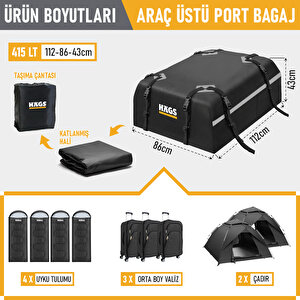 Haegs Araç Üstü Bagaj Çantası, Port Bagaj, Araç Üstü Tavan Çantası, Için (üst Rafı, Çıtası Olan Veya Olmayan) 415l (112 X 86 X 43cm) Siyah - Gri