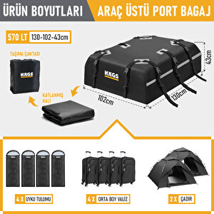 Haegs Araç Üstü Bagaj Çantası, Port Bagaj, Araç Üstü Tavan Çantası, Için (üst Rafı, Çıtası Olan Veya Olmayan) 570l (130 X 102 X 43cm) Siyah - Gri