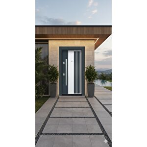 Modern Line Antrasit Ve Beyaz Villa Tipi Çelik Kapı - Özel Tasarım Çizgili Panel