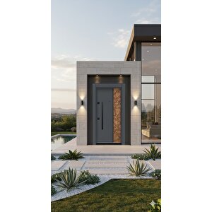 Liv Aksesuar Modern Lüks Villa Çelik Kapı - Antrasit Gri & Geometrik Ahşap Desenli