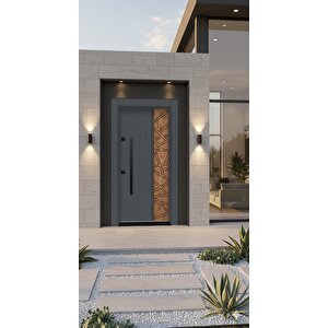 Liv Aksesuar Modern Lüks Villa Çelik Kapı - Antrasit Gri & Geometrik Ahşap Desenli