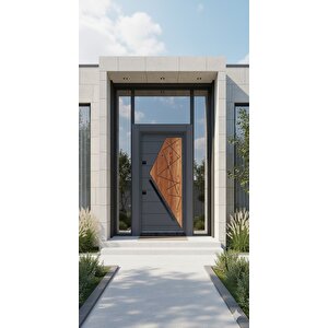 Modern Geometrik Desenli Çelik Villa Kapısı - Antrasit & Meşe