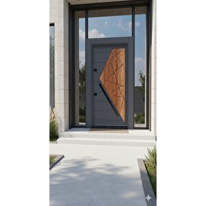 Modern Geometrik Desenli Çelik Villa Kapısı - Antrasit & Meşe