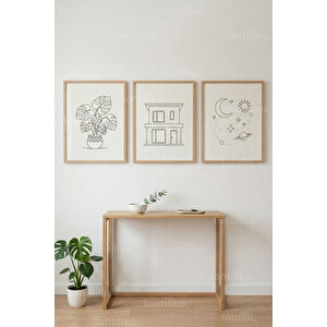 Minimal Çizgi İllüstrasyonlar 3’lü Ahşap Çerçeveli Tablo Seti - Modern Duvar Dekoru 21x30 cm