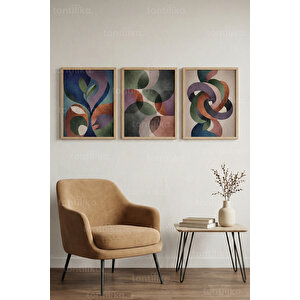 Renkli Soyut Geometrik Formlar 3’lü Ahşap Çerçeveli Tablo Seti - Modern Salon Dekoru 21x30 cm