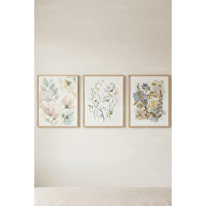 Pastel Çiçekler Minimal 3’lü Ahşap Çerçeveli Tablo Seti 21x30 cm