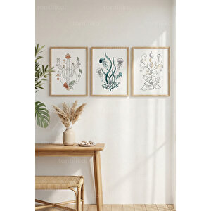 Boho Mistik Çizimler 3’lü Ahşap Çerçeveli Tablo Seti - Doğal & Spiritüel Duvar Dekoru 30x42 cm