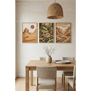Doğa Manzaraları 3’lü Ahşap Çerçeveli Tablo Seti – Toprak Tonlu Duvar Dekoru 50x70 cm